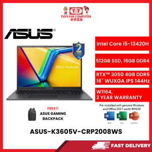 ASUS-K3605V-CRP2008WS-BLK-INTELCOREI5-13420H,16GBR4,512GBSSD,RTX30504GVR6,16"WUXGA,W1164,2YRS,H&S [SBN:YES NILAI:NO MELAKA:NO HPS:NO]