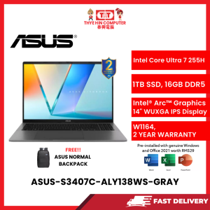 ASUS-S3407C-ALY138WS-GRAYINTELCOREULTRA7-255H,16GBR5,1TBSSD,INTELARC,14"WUXGA,W1164,2YRS,H&S