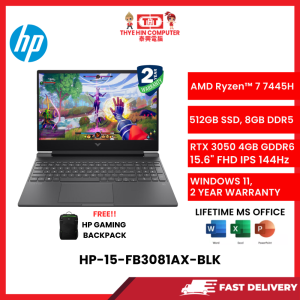HP-15-FB3081AX-BLK-AMDRYZEN7-7445H,8GBR5,512GBSSD,RTX30504GVR6,15.6"FHD,W1164,2YRS,H&S [SBN:NO NILAI:YES MELAKA:YES HPS:YES]