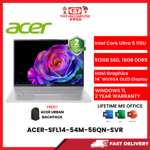 ACER-SFL14-54M-56QN-SVR-INTELCOREULTRA5-115U,16GBR5,512GBSSD,14"OLEDWUXGA,INTELHD,W1164,2YRS,H&S [SBN:NO NILAI:YES MELAKA:YES HPS:NO]