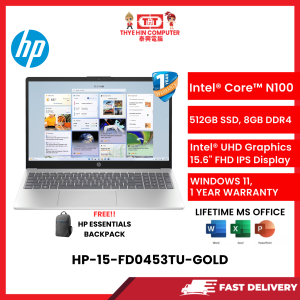 HP-15-FD0453TU-GOLD-INTELCELERONN100,8GBR4,512GBSSD,INTELUHD,15.6"FHD,W1164,1YRS,H&S [SBN:YES NILAI:NO MELAKA:NO HPS:YES]