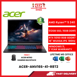 ACER-ANV16S-41-R8T2-AMDRYZEN5-240,16GBR5,512GBSSD,RTX50508GVR7,16"WUXGA,W1164,2YRS,H&S [SBN:NO NILAI:YES MELAKA:NO HPS:NO]