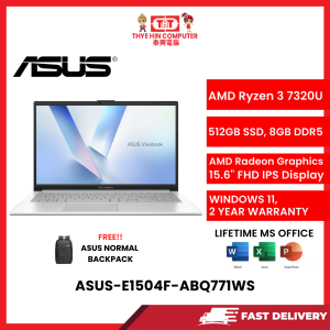 ASUS-E1504F-ABQ771WS-SVR-AMDRYZEN3-7320U,8GBR5,512GBSSD,AMDRADEON,15.6"FHD,W1164,2YRS,H&S