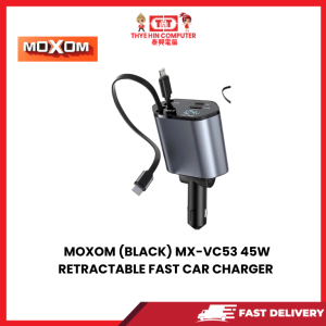 MOXOM (BLACK) MX-VC53 45W RETRACTABLE FAST CAR CHARGER WITH TYPE C + LIGHTNING CABLE [SBN:NO NILAI:NO MELAKA:NO HPS:NO]