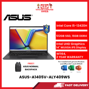 ASUS-A1405V-ALY409WS-BLK-INTELCOREI5-1,16GBR4,512GBSSD,INTELUHD,14"WUXGA,W1164,2YRS,H&S [SBN:YES NILAI:YES MELAKA:YES HPS:NO]