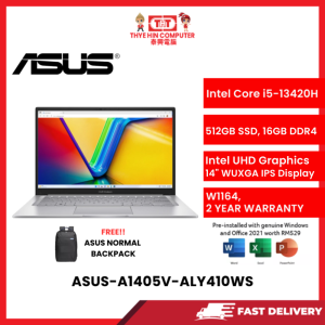 ASUS-A1405V-ALY410WS-SVR-INTELCOREI5-1,16GBR4,512GBSSD,INTELUHD,14"WUXGA,W1164,2YRS,H&S [SBN:YES NILAI:YES MELAKA:YES HPS:NO]