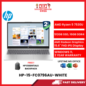 HP-15-FC0796AU-WHITE-AMDRYZEN5-7530U,16GBR4,512GBSSD,AMDRADEON,15.6"FHD,W1164,2YRS,H&S