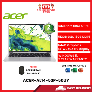 ACER-AL14-53P-50UY-SVR-INTELCOREULTRA5-115U,16GBR5,512GBSSD,INTELGRAPHICS,14" FHD,W1164,2YRS,H&S