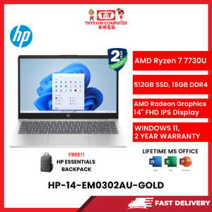 HP-14-EM0302AU-GOLD-AMDRYZEN7-7730U,16GBR4,512GBSSD,AMDRADEON,14"FHD,W1164,2YRS,H&S [SBN:YES NILAI:YES MELAKA:YES HPS:NO]