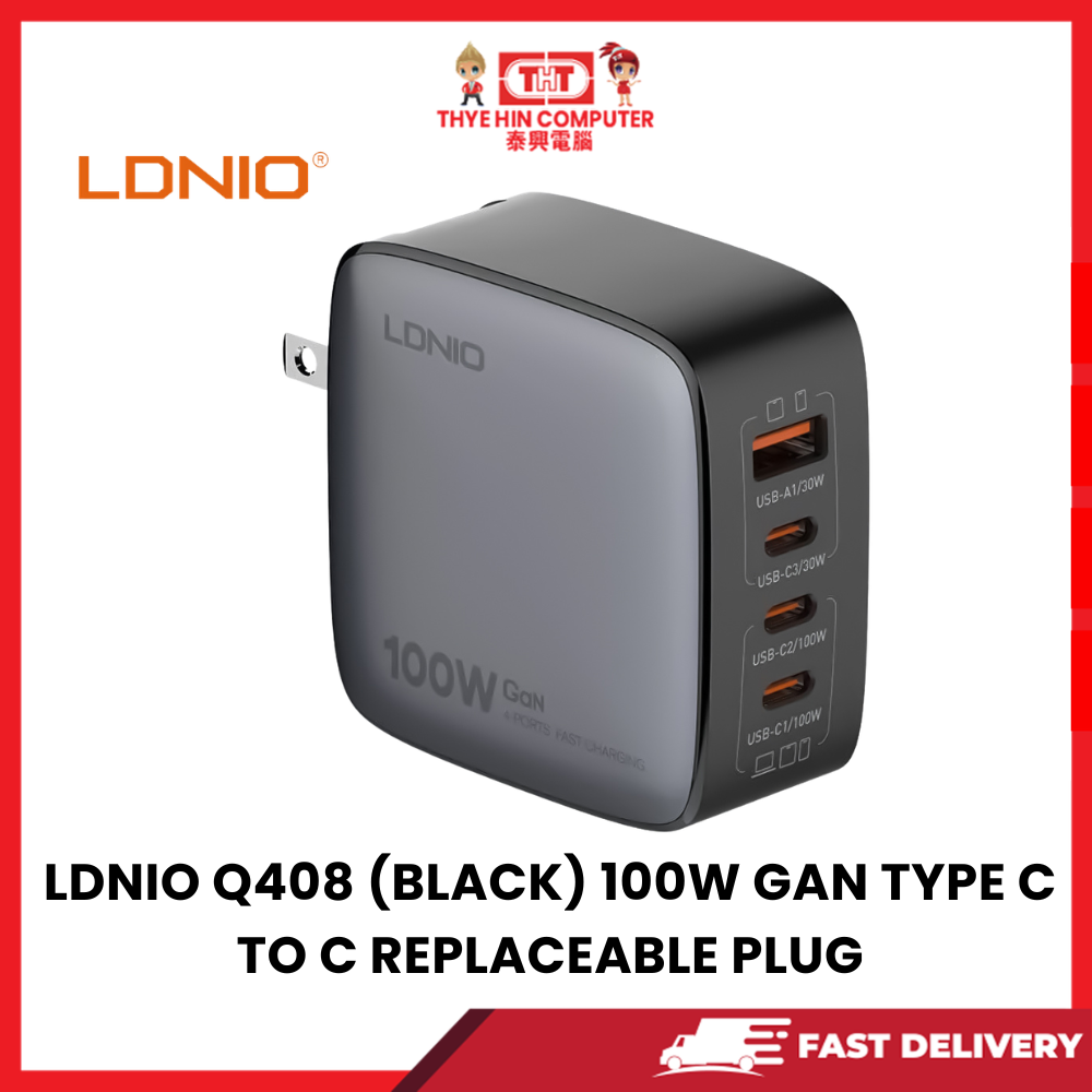 LDNIO Q408 (BLACK) 100W GAN TYPE C TO C REPLACEABLE PLUG