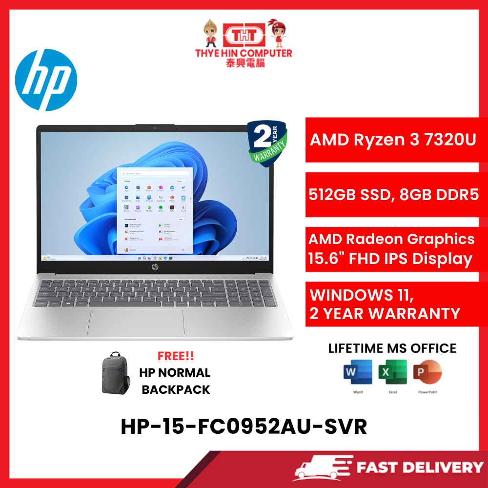 HP-15-FC0952AU-SVR-AMDRYZEN3-7320U,8GBR5,512GBSSD,AMDRADEON,15.6"FHD,W1164,2YRS,H&S