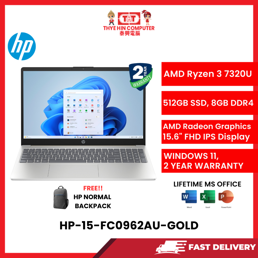 HP-15-FC0962AU-GOLD-AMDRYZEN3-7320U,8GBR4,512GBSSD,AMDRADEON,15.6"FHD,W1164,2YRS,H&S