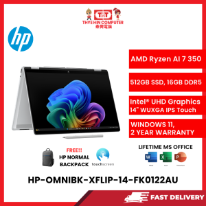 HP-OMNIBK-XFLIP-14-FK0122AU-SVR-AMDRYZENAI-350,16GBR5OB,512GBSSD,AMDRADEON,14''WUXGA,W1164,2YRS,H&S