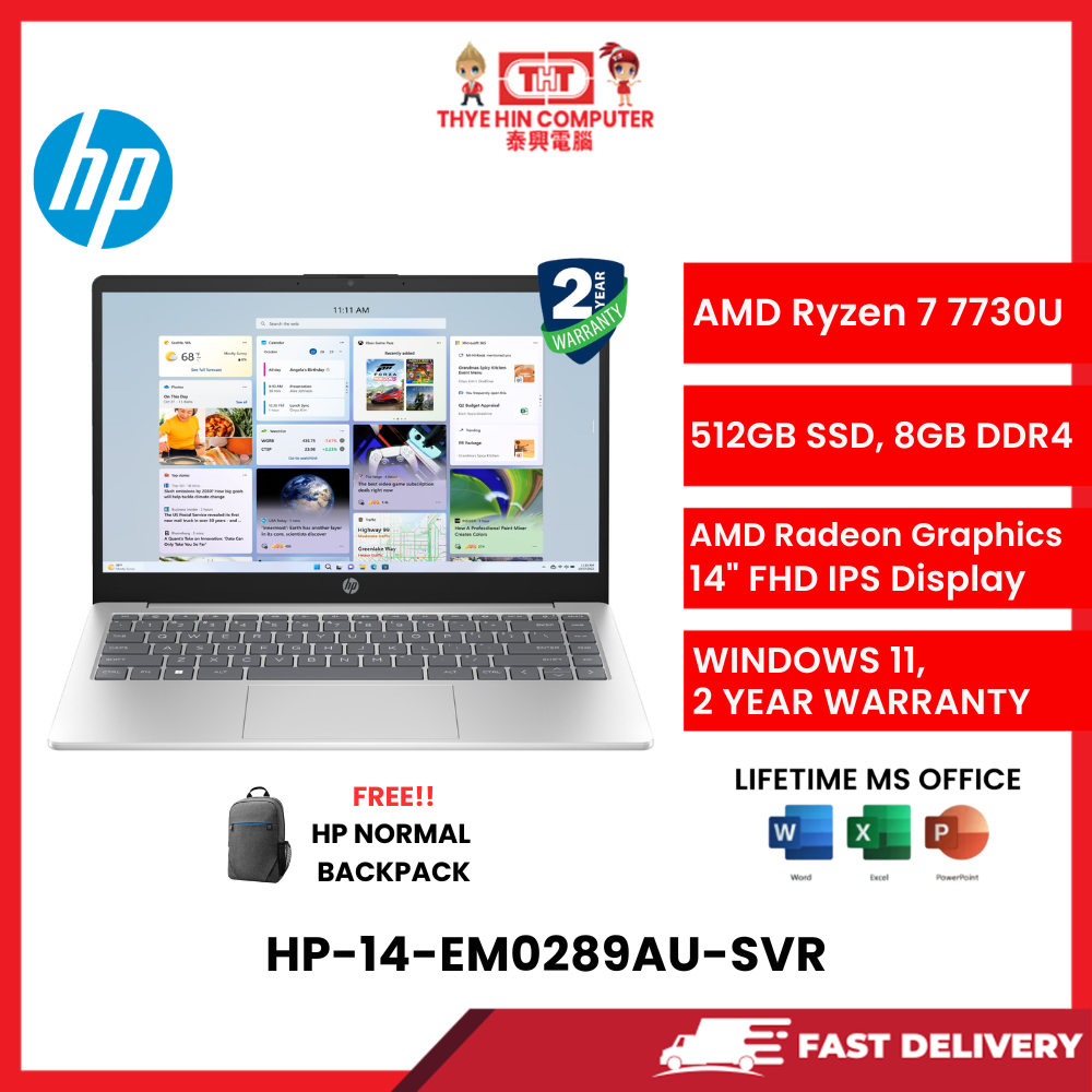 HP-14-EM0289AU-SVR-AMDRYZEN7-7730U,8GBR4,512GBSSD,AMDRADEON,14"FHD,W1164,2YRS,H&S