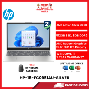 HP-15-FC0951AU-SILVER-AMDATHLON-7120U,8GBR5,512GBSSD,AMDRADEON,15.6"FHD,W1164,2YRS,H&S