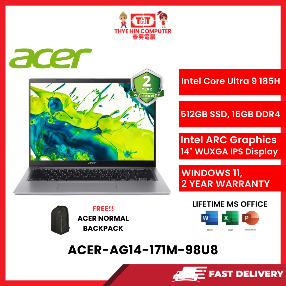 ACER-AG14-171M-98U8-GREY-INTELCOREULTRA9-185H,16GBR4OB,512GBSSD,INTELARC,14"WUXGA,W1164,2YRS,H&S
