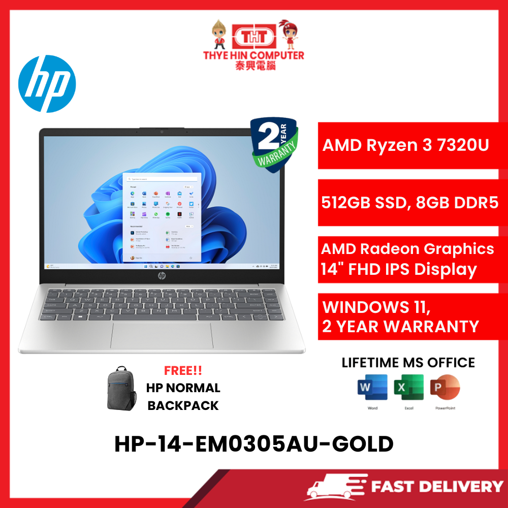 HP-14-EM0305AU-GOLD-AMDRYZEN3-7320U,8GBR5,512GBSSD,AMDRADEON,14"FHD,W1164,2YRS,H&S