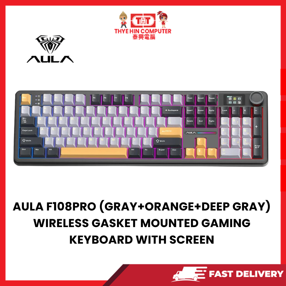 AULA F108PRO (GRAY+ORANGE+DEEP GRAY) WIRELESS GASKET MOUNTED GAMING KEYBOARD WITH SCREEN