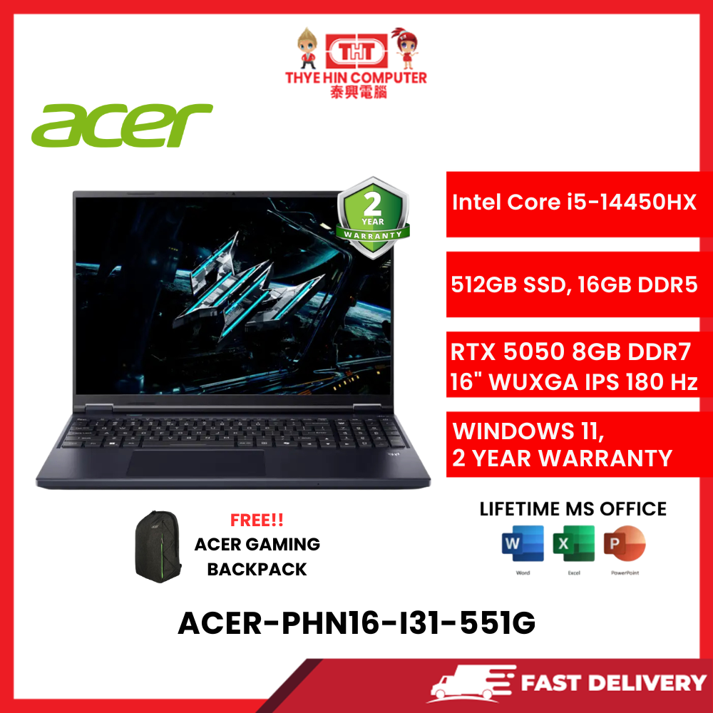 ACER-PHN16-I31-551G-INTELCOREI5-14450HX,16GBR5,512GBSSD,16"IPSWUXGA,RTX50508GVR7,W1164,2YRS