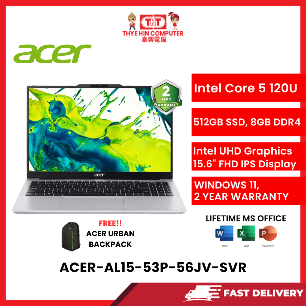 ACER-AL15-53P-56JV-SVR-INTELCORE5-120U,8GBR4,512GBSSD,INTELUHD,15.6"IPS,W1164,2YRS,H&S
