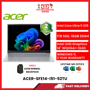 ACER-SFE14-I51-52TU-WHT-INTELCOREULTRA5-325,16GBR5OB,1TBSSD,INTELGRAPHICS,14"OLED,W1164,2YRS,H&S