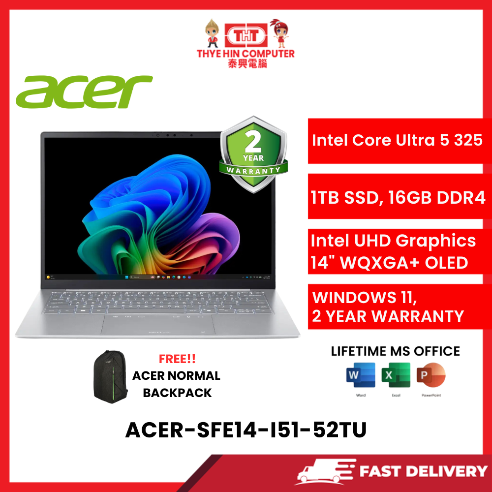 ACER-SFE14-I51-52TU-WHT-INTELCOREULTRA5-325,16GBR5OB,1TBSSD,INTELGRAPHICS,14"OLED,W1164,2YRS,H&S