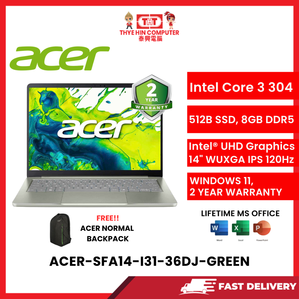 ACER-SFA14-I31-36DJ-GREEN-INTELCORE3-304,8GBR5,512GBSSD,INTELGRAPHICS,14"WUXGA,W1164,2YRS,H&S