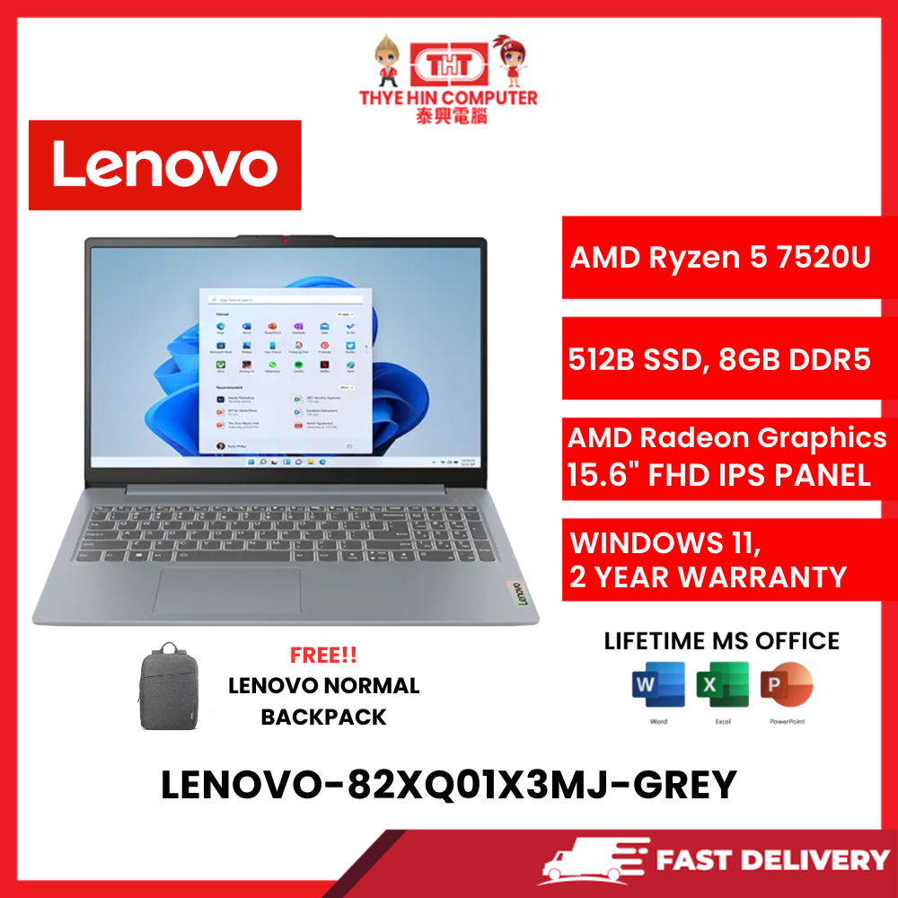 LENOVO-82XQ01X3MJ-GREY-AMDRYZEN5-7520U,8GBR5,512GBSSD,AMDRADEIN,15.6"FHD,W11H64,2YR,H&S