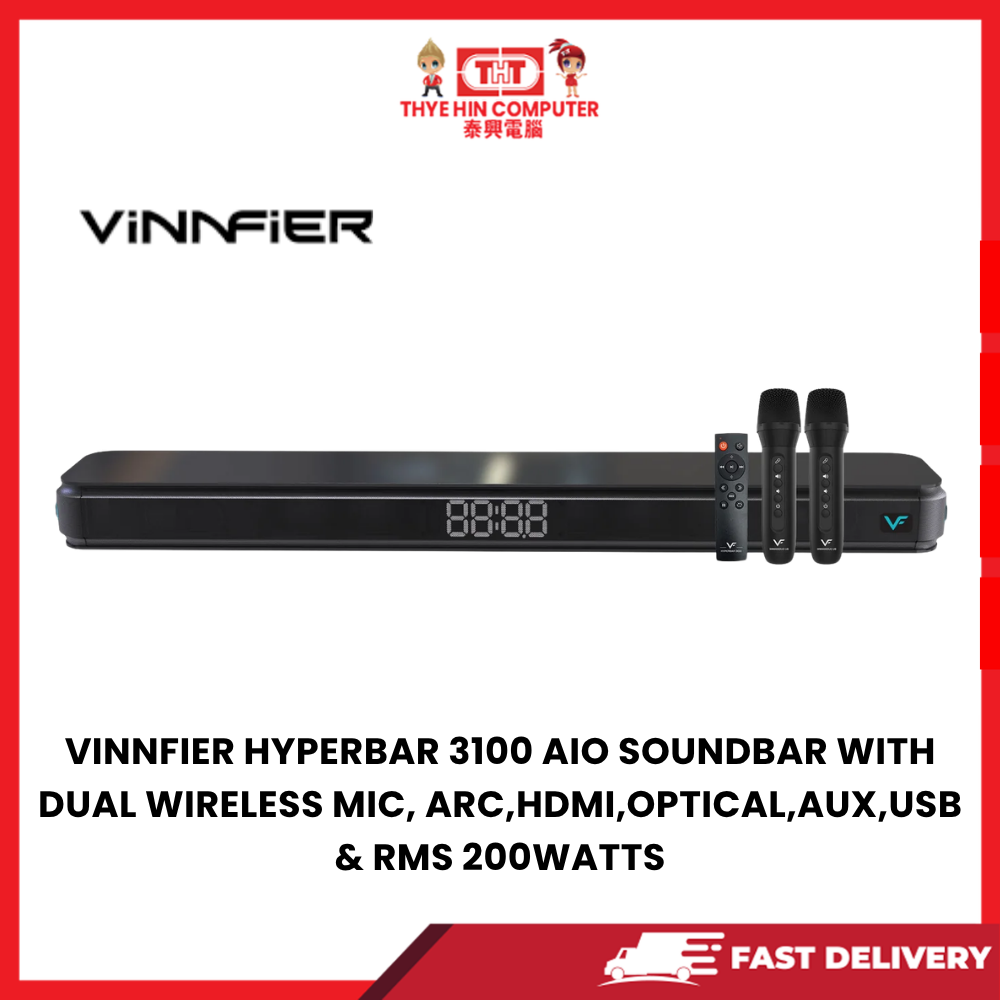 VINNFIER HYPERBAR 3100 AIO SOUNDBAR WITH DUAL WIRELESS MIC, ARC,HDMI,OPTICAL,AUX,USB & RMS 200WATTS