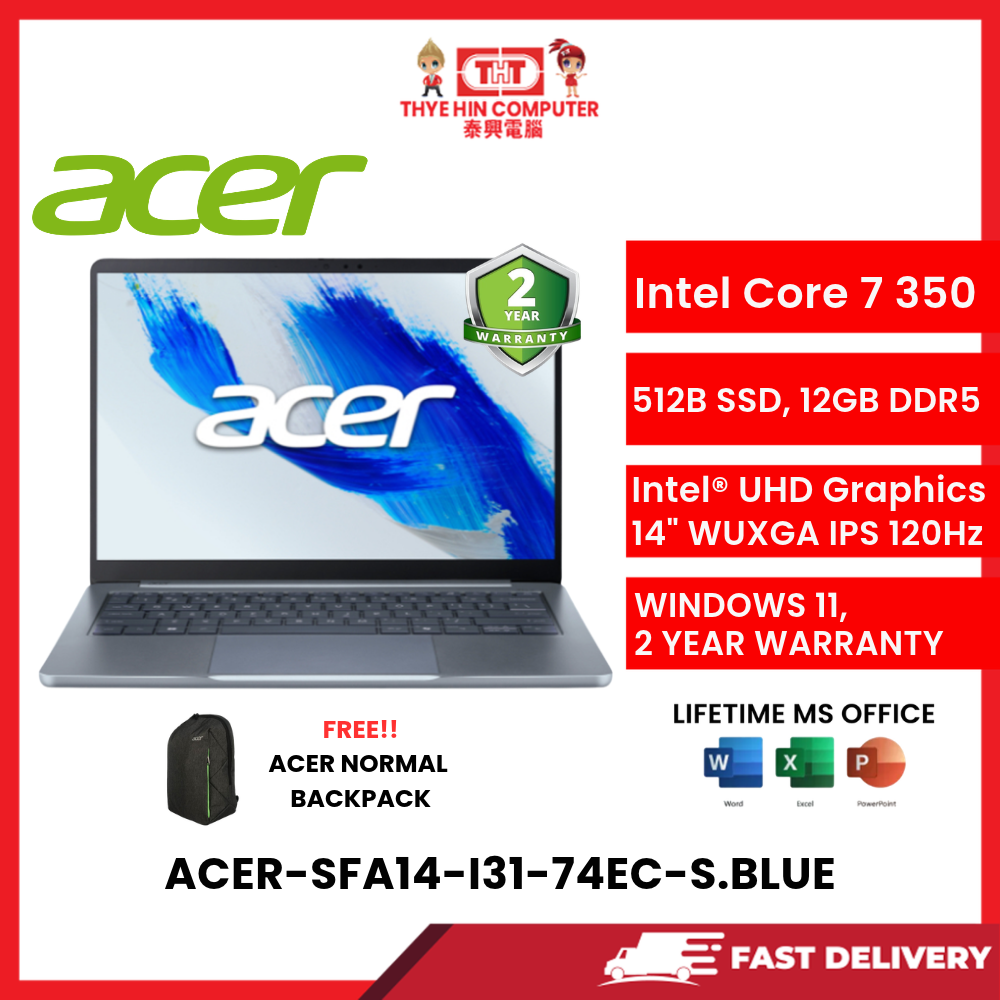 ACER-SFA14-I31-74EC-S.BLUE,CORE7 350,12GB LPDDR5,512GB NVME,14",WIN11,H&S