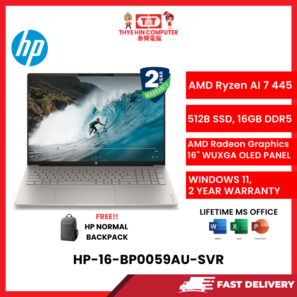 HP-16-BP0059AU-SVR-AMDRYZENAI-7-445,16GBR5OB,512GBSSD,AMDRADEON,16"2K,W1164,2YRS,H&S