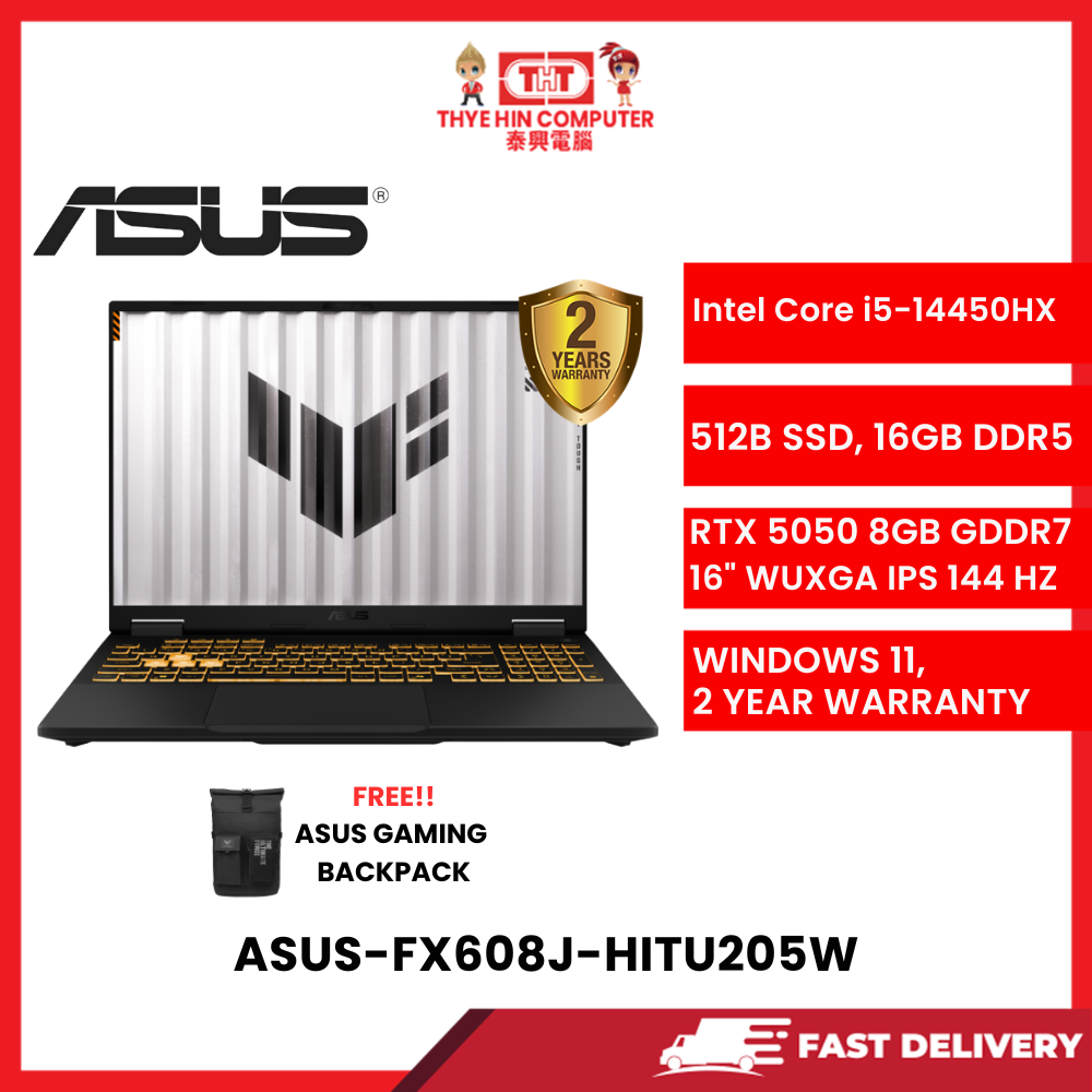 ASUS-FX608J-HITU205W-INTELCOREI5-14450HX,16GBR5,512GBM.2SSD,RTX50508GBR7,16"FHD,W1164,2YRS