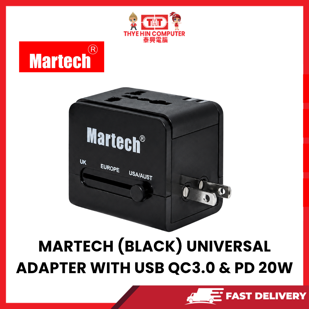 MARTECH (BLACK) UNIVERSAL ADAPTER WITH USB QC3.0 & PD 20W