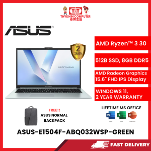 ASUS-E1504F-ABQ032WSP-GREEN-AMDRYZEN3-30,8GBR5,512GBSSD,AMDRADEON,15.6"FHD,W1164,2YRS,H&S