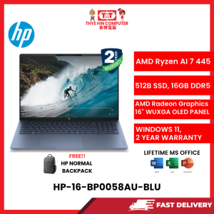 HP-16-BP0058AU-BLU-AMDRYZENAI-7-445,16GBR5OB,512GBSSD,AMDRADEON,16"2K,W1164,2YRS,H&S