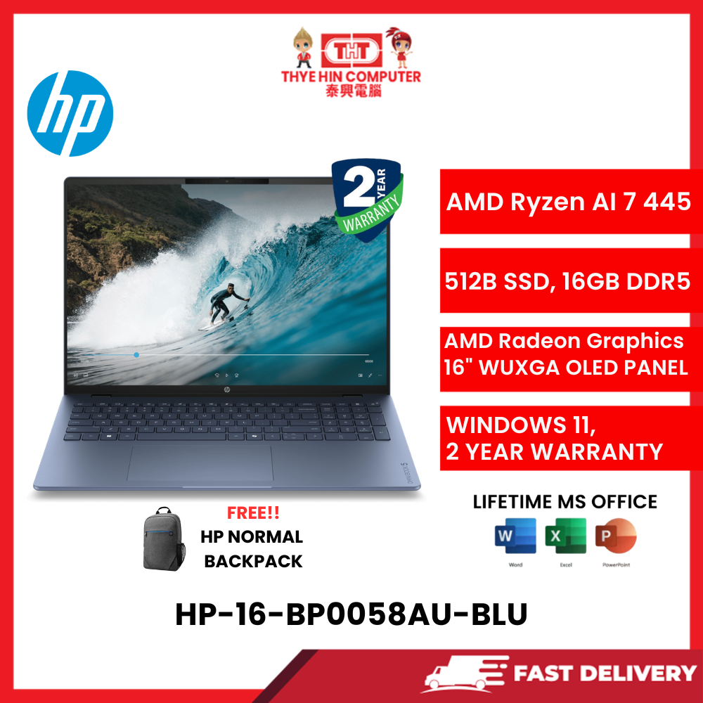 HP-16-BP0058AU-BLU-AMDRYZENAI-7-445,16GBR5OB,512GBSSD,AMDRADEON,16"2K,W1164,2YRS,H&S